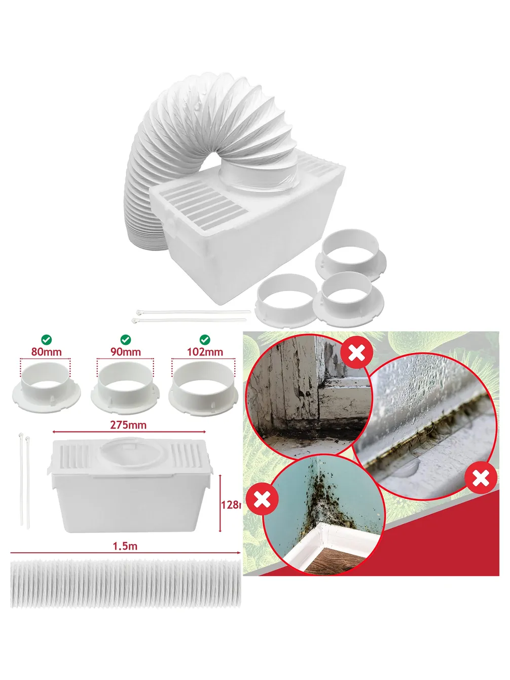Universal 1.5m Dryer Vent Kit with Duct Hose & Adaptors for Condenser