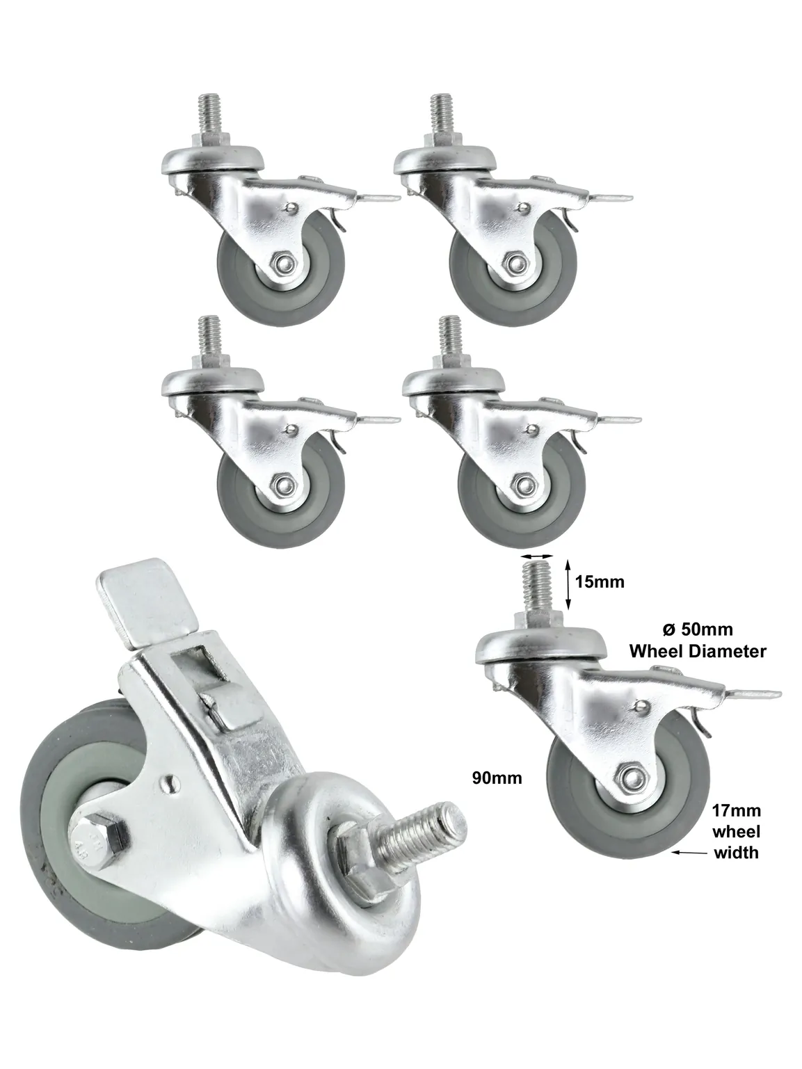Universal 4‑Pack 50mm M10 Swivel Caster Wheels with Brake – Non‑Marking