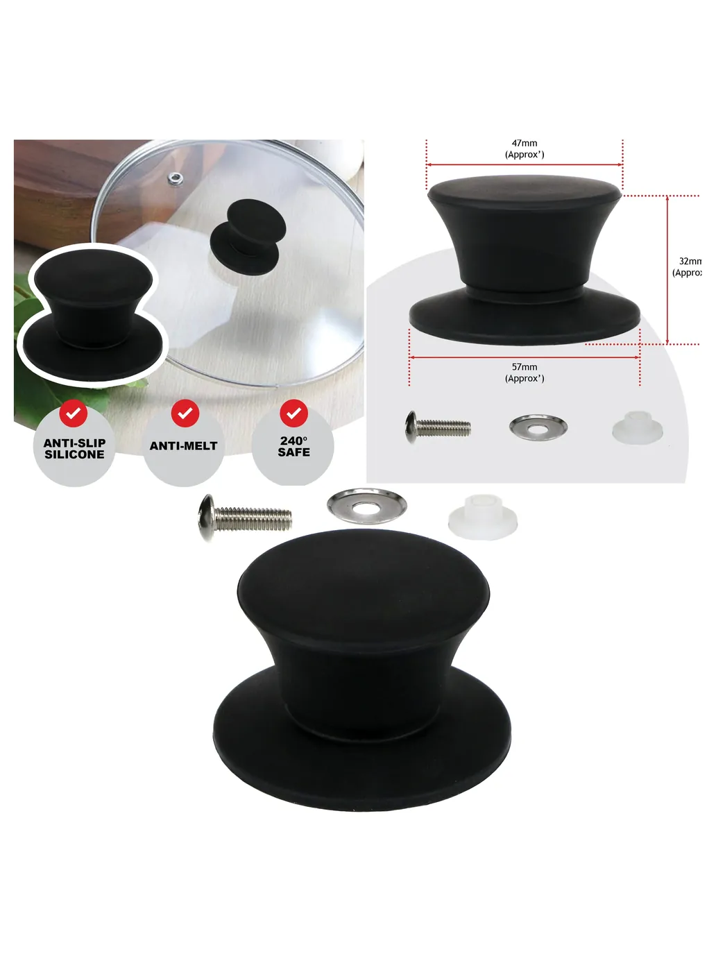 Universal 47mm Black Silicone Pot Lid Handle fits saucepans/steamer