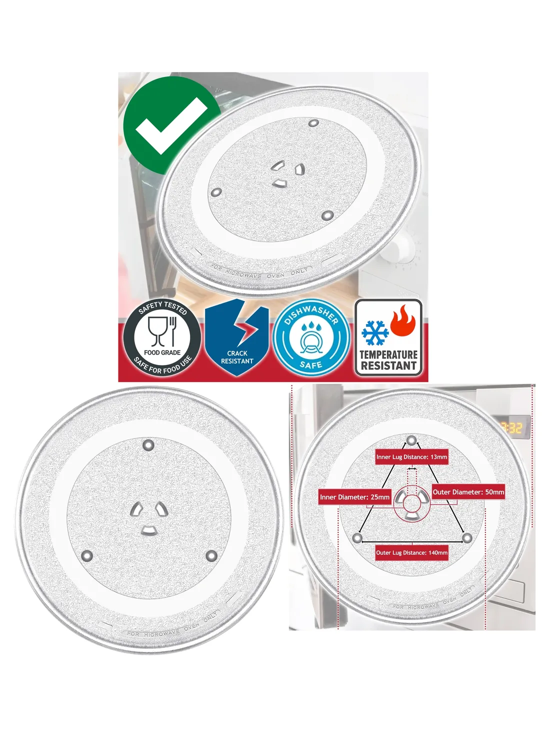 Universal 6‑Lug Microwave Turntable Glass Tray – 10″ (25.5 cm) Y‑Type
