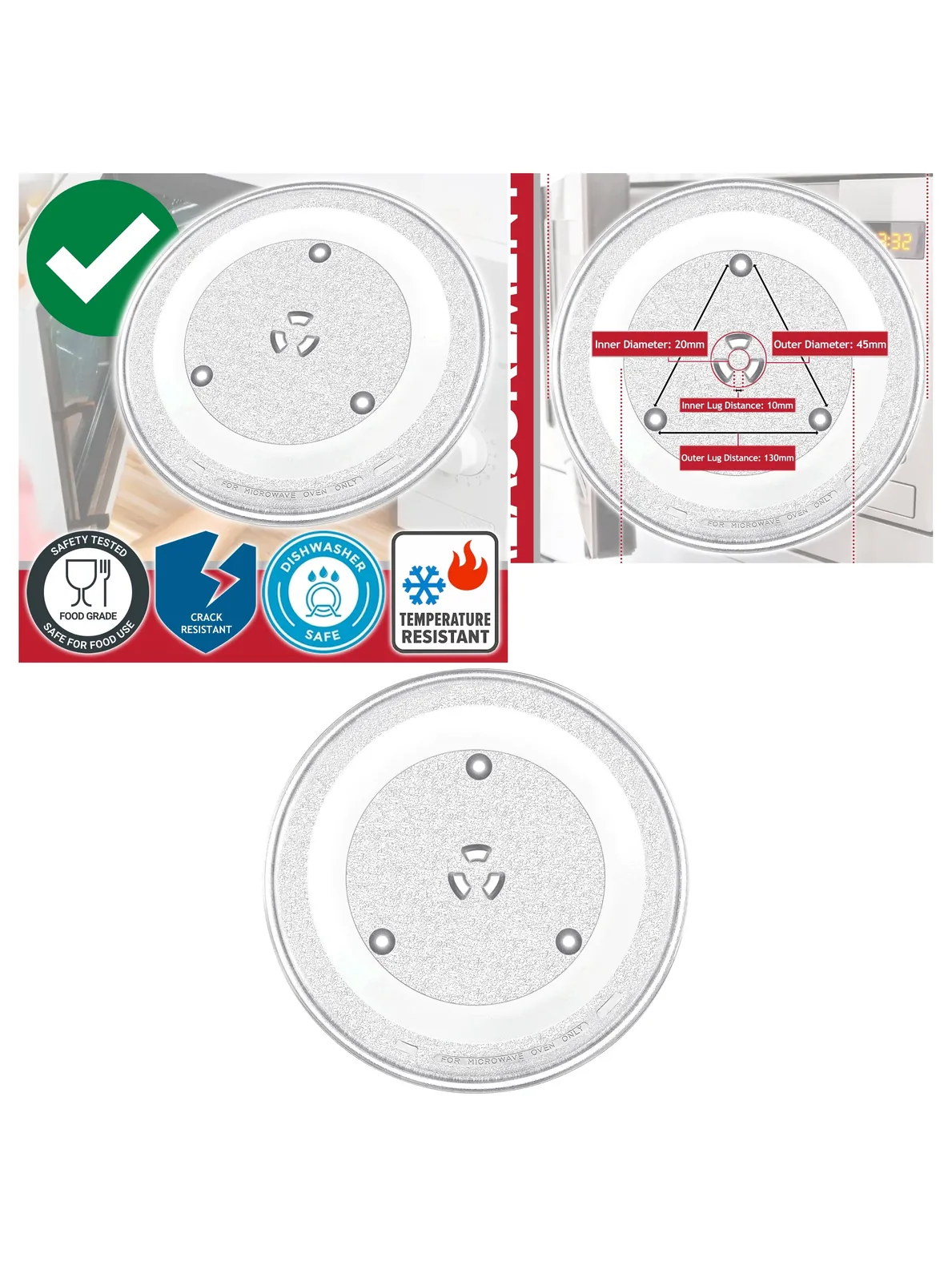 Universal 6‑Lug Y‑Type Glass Microwave Turntable Plate – 13″