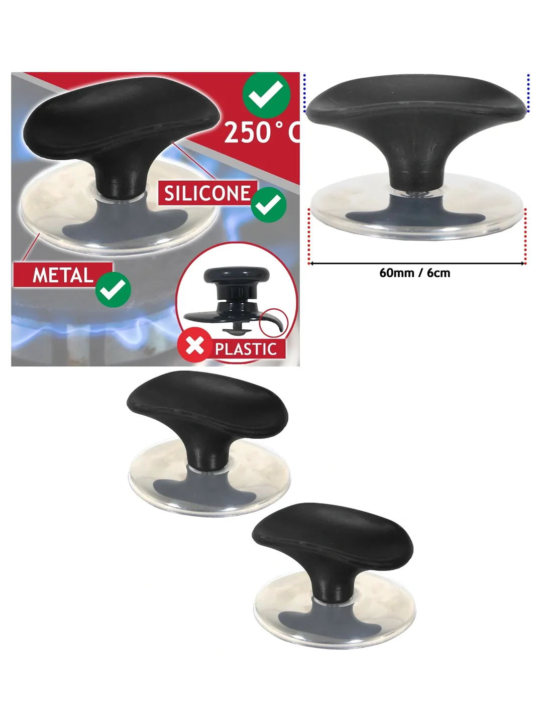 Universal 6cm Pan Lid Handles Black and Chrome Silver 2 Pack for Pots