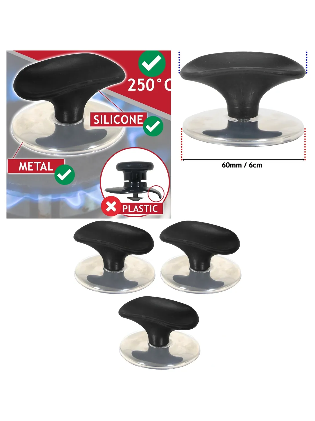 Universal 6cm Pan Lid Handles – Black & Chrome Silver Set of 3