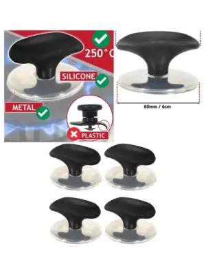 Universal 6cm Pot Lid Handles – Black & Chrome Silver Knobs, Pack of 4