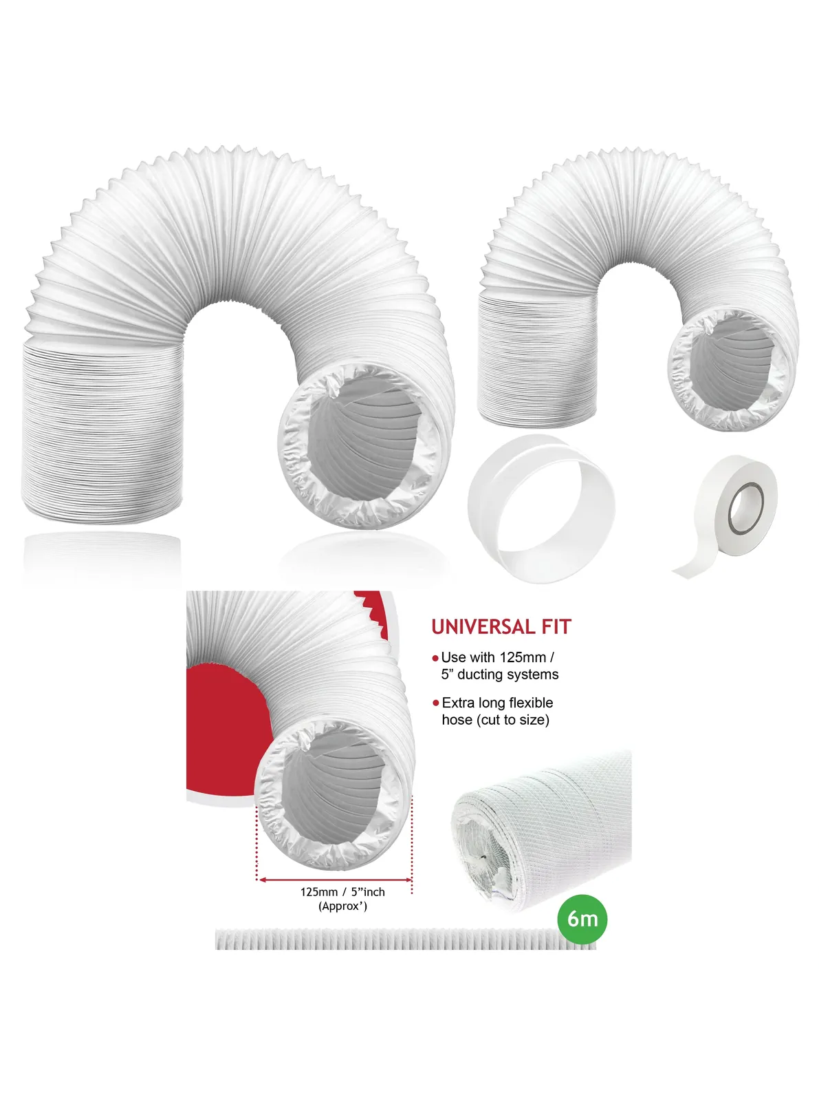 Universal 6m PVC Air Conditioner Hose Kit 5 Inch Fit for Portable AC