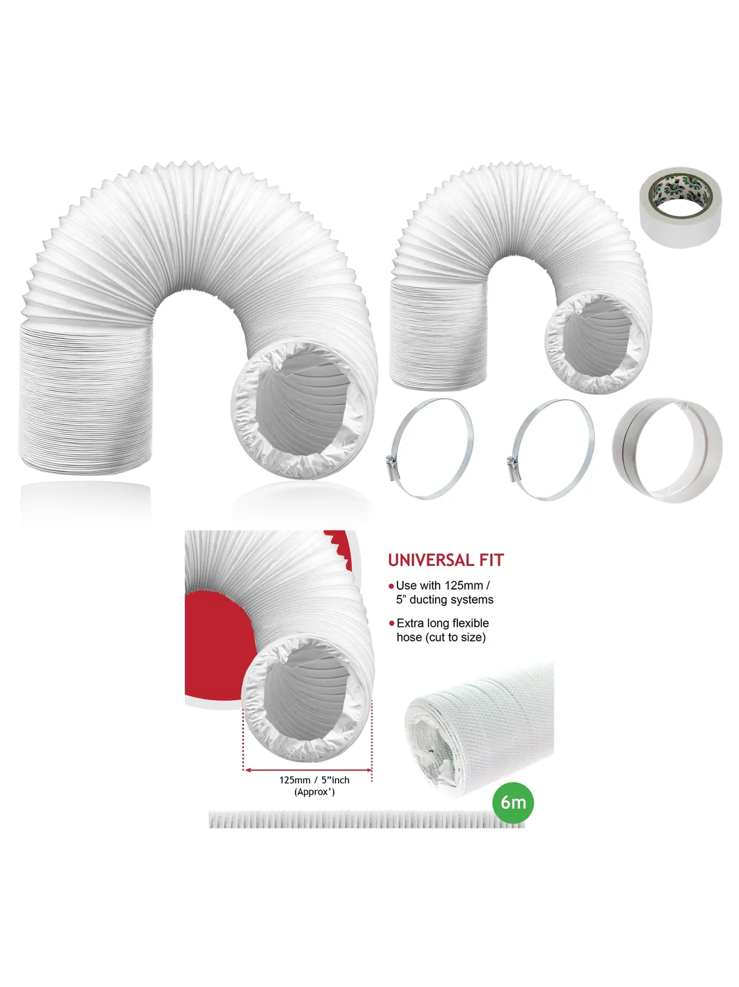 Universal 6m PVC Air Conditioner Vent Hose Extension Kit - 125mm