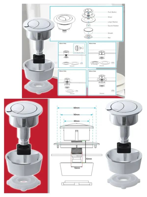 Universal Dual-Flush Toilet Button Kit - Chrome Silver, fits 20-60mm