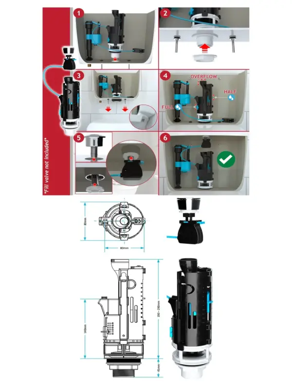 Universal Dual-Flush Toilet Valve Kit 1.5/2L Push Button, 300mm Cable