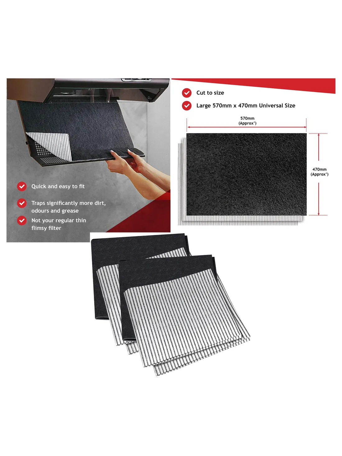 Universal Kitchen Hood Filter Kit – 4 Grease & 2 Odour Filters for Fans