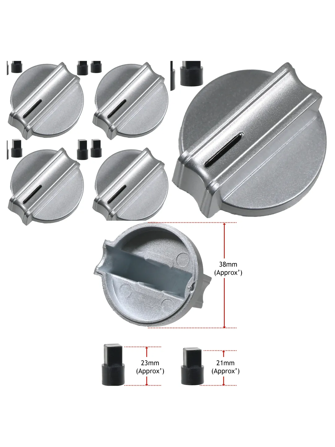 Universal Silver Oven Hob Control Knob with 38mm D‑Fit Adaptor