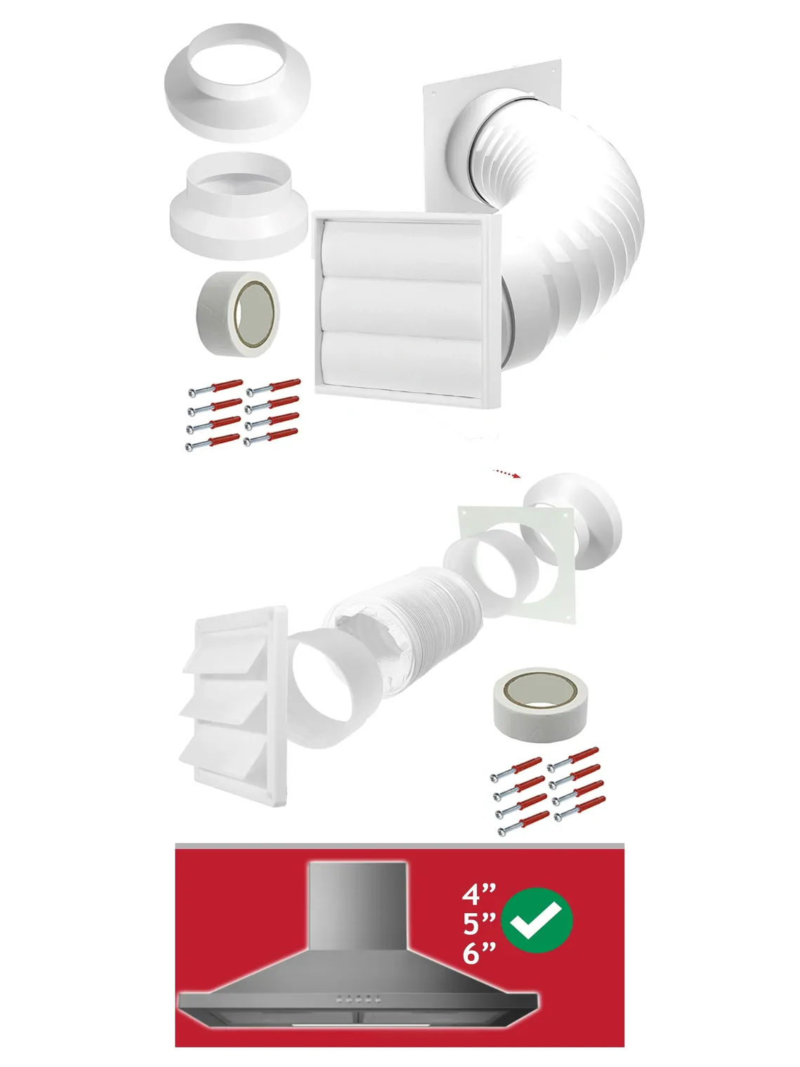 Universal White Range Hood Wall Vent Kit – 100‑150mm Duct Sizes