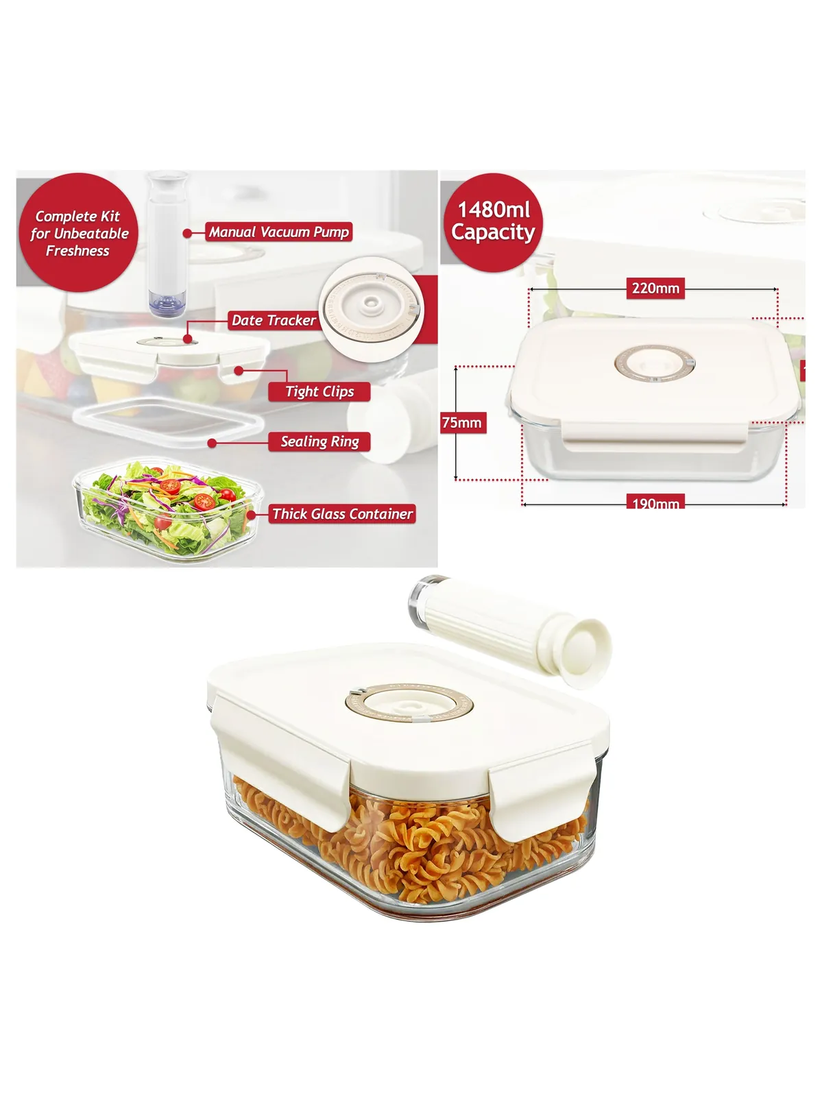 Vacuum Food Storage Glass Jar with Clip Lid & Hand Pump - 1.5L