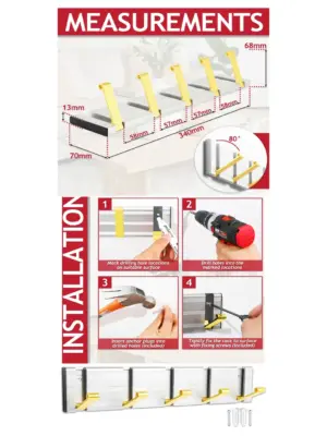 Wall Mounted Coat Rack - 5 Aluminum Hooks, Retractable Silver & Gold