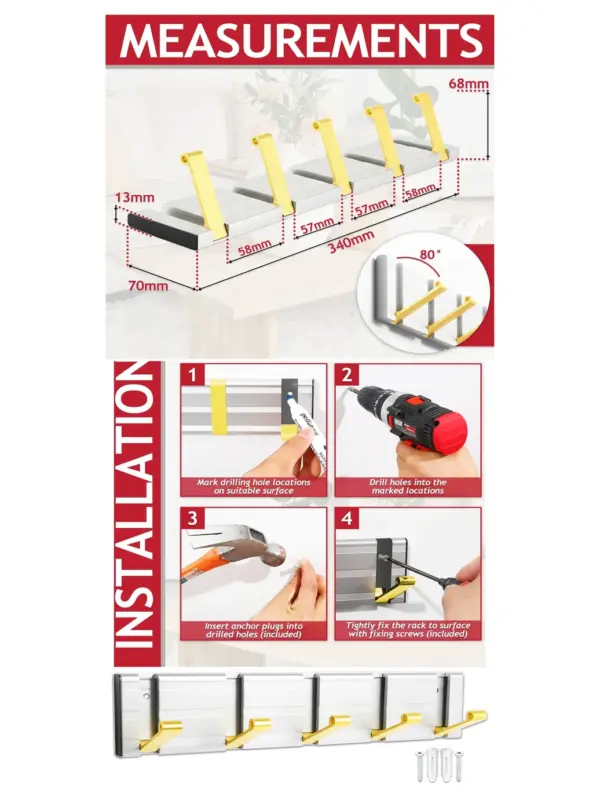 Wall Mounted Coat Rack - 5 Aluminum Hooks, Retractable Silver & Gold