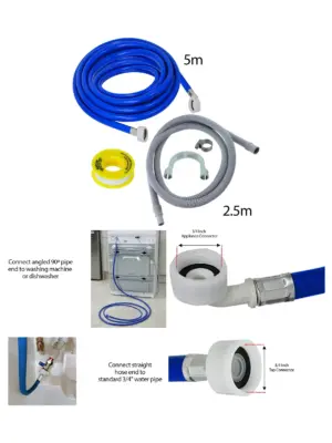 Washing Machine Dishwasher Hose Set – 2.5m Fill, 5m Drain + PTFE Tape