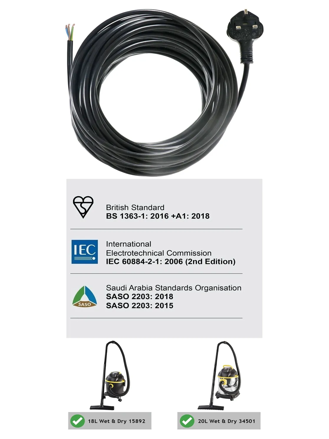 Wessex Wet & Dry Vacuum Power Cable 10m 3‑Core 13A UK Plug 1.5mm²