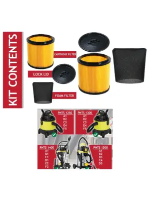 Wet/Dry Cartridge Filter Kit for Lidl Parkside PNTS 1250‑1500 Vacuums