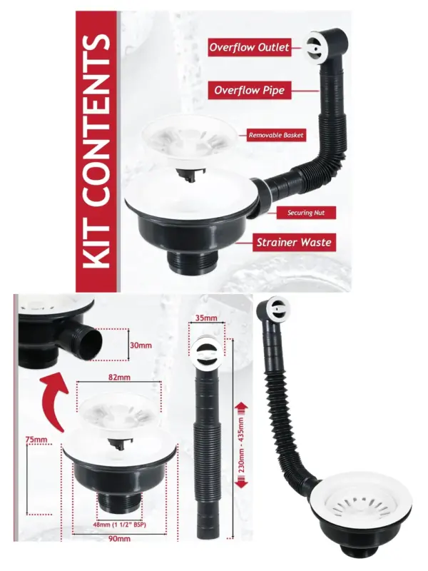 White 1½" BSP Sink Strainer Plug Overflow Outlet for Kitchen & Bath