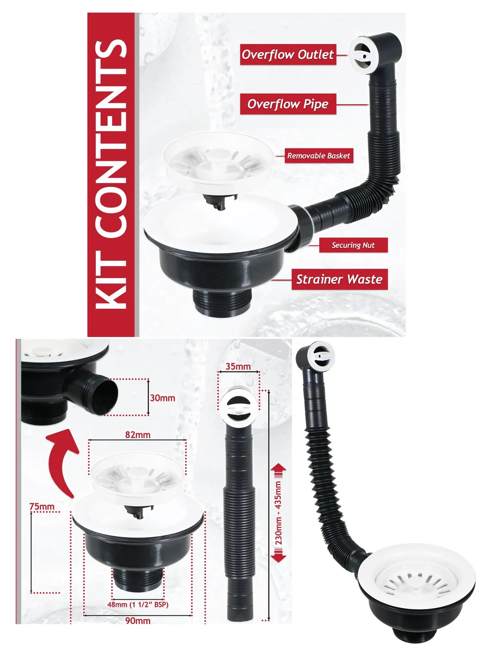 White 1½" BSP Sink Strainer Plug Overflow Outlet for Kitchen & Bath