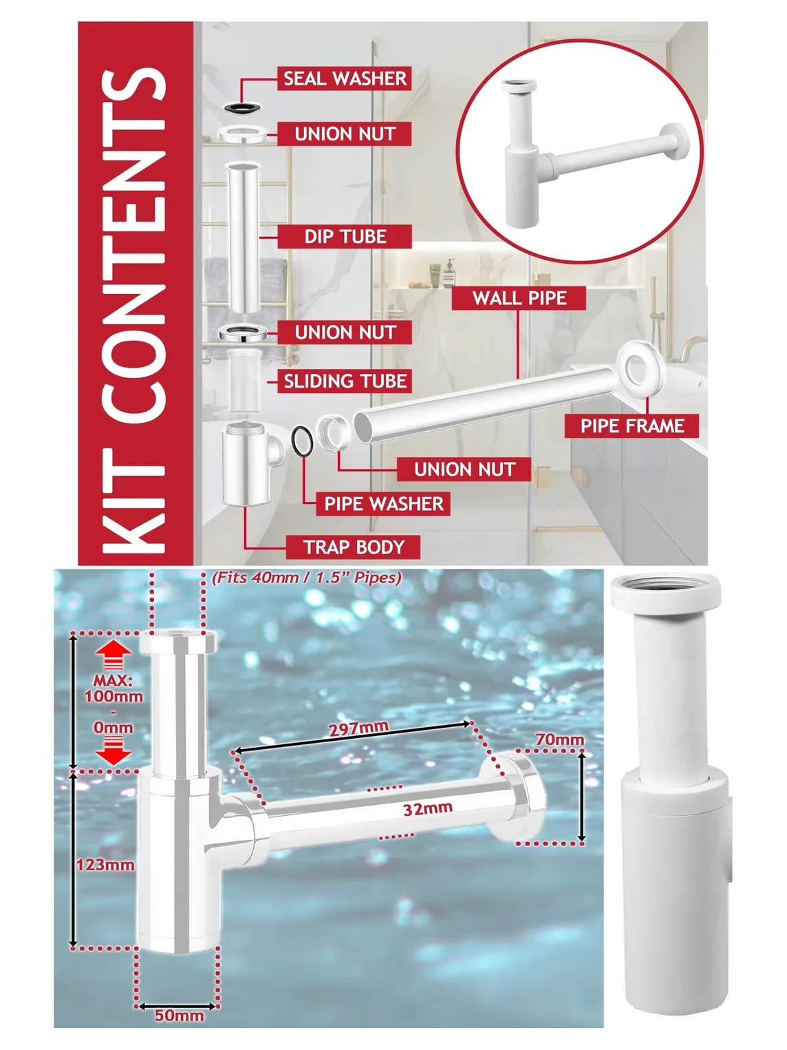 White 40mm Round Sink Trap with Deodorizing Outlet – Bathroom Drain