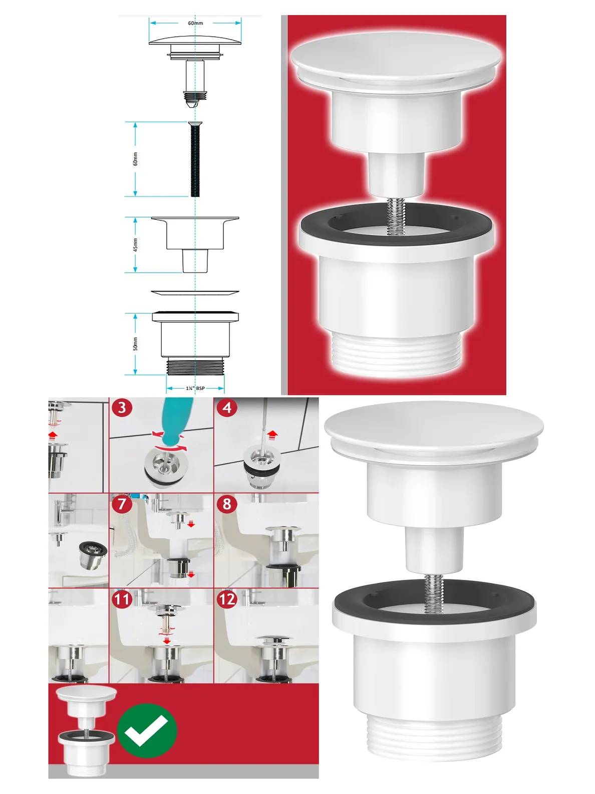 White 60mm Pop‑Up Sink Waste Plug – Click‑Clack Dome Stopper