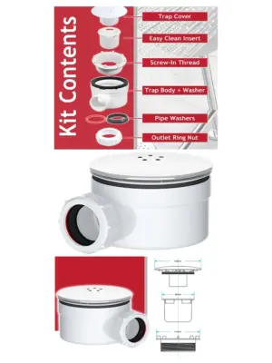 White 90mm Dome Shower Drain Trap Kit – Luxury Water Waste 1.5