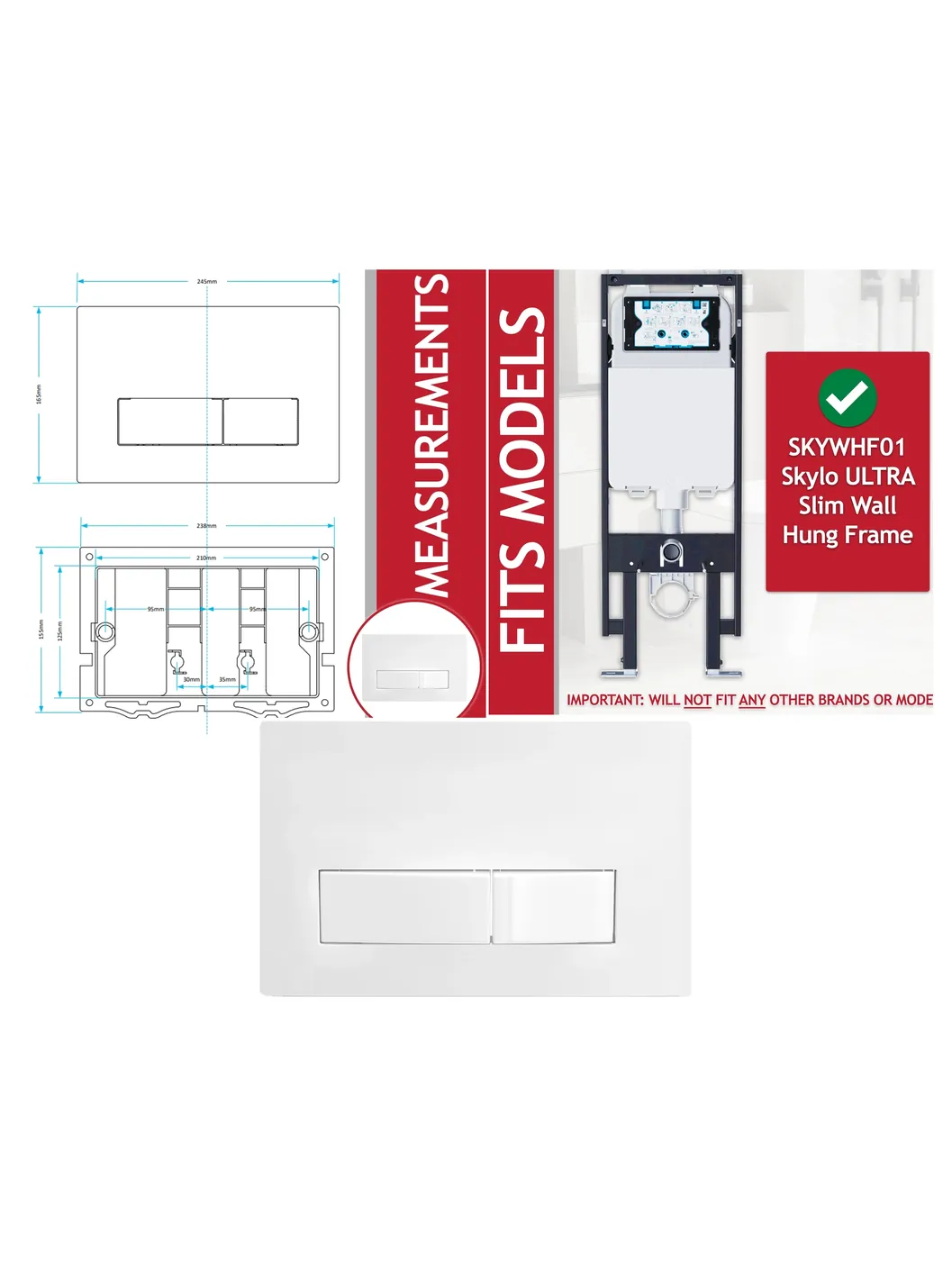 White Concealed Flush Plate Kit for Skylo Wall‑Hung Toilet, 245×165 mm
