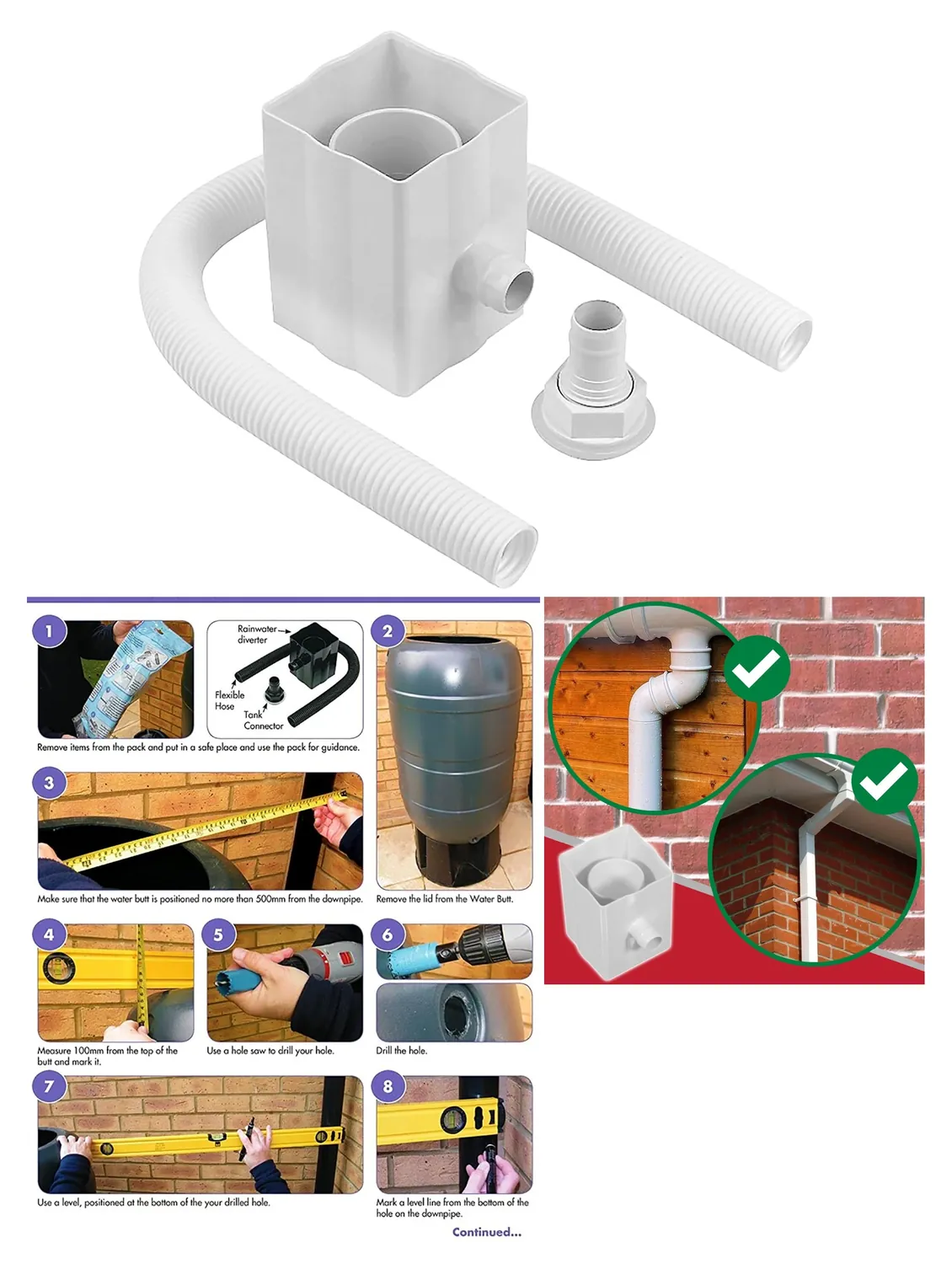 White Rainwater Diverter Kit for 65mm Square & 68mm Round Downpipes