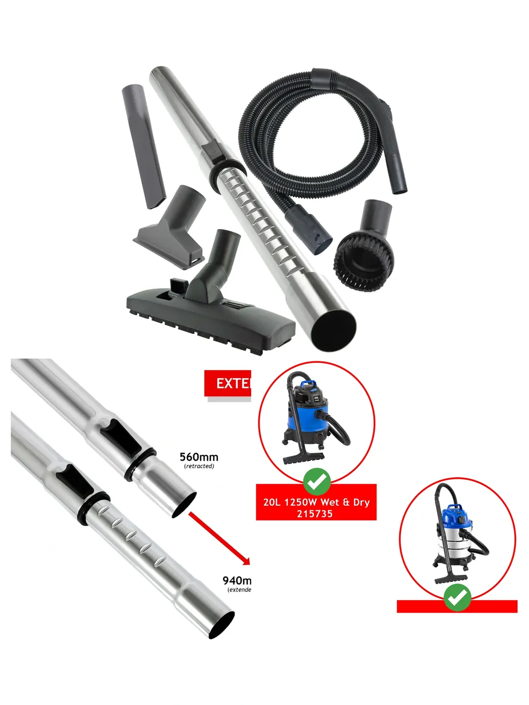 Wickes 20L Wet/Dry Vacuum Hose Kit 1250W Power Take-Off Spare Parts