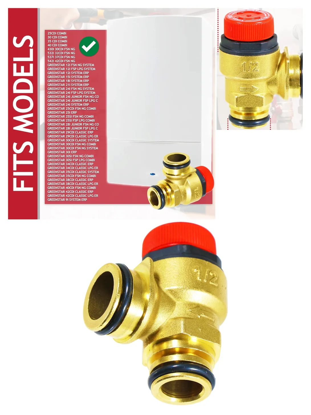 Worcester Bosch Greenstar 3 Bar Brass PRV – 1/2 BSP Push‑Fit